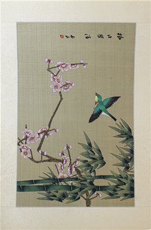 Cartella contenente venticinque pannelli su seta dipinta a fiori, volatili e pa