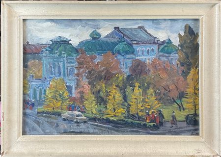 Firma indecifrata "Scorcio cittadino con strada e alberi" 1976, olio su compens