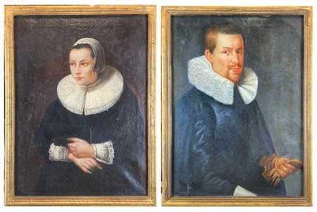 Nello stile fiammingo seicentesco, secolo XX. Ritratti di coniugi, coppia di ol
