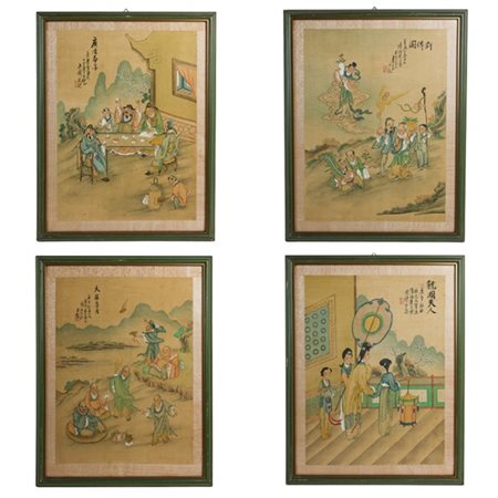 Arte orientale. Quattro dipinti su carta raffiguranti scene di vita (cm 46x33)