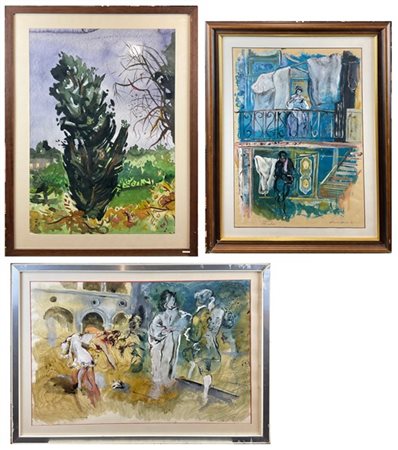 Lotto composto da tre tecniche miste su carta di autori, soggetti e misure dive