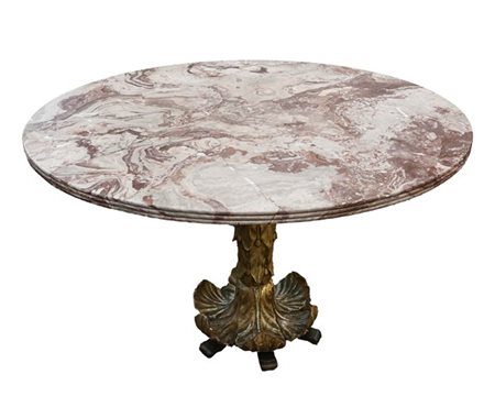Tavolo circolare con piano in marmo rosa a profilo scanalato, antico sostegno a