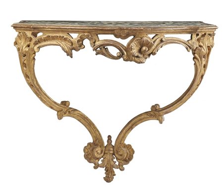 Console a goccia in legno intagliato, traforato e dorato, fascia decorata a vol