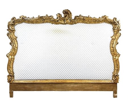 Testiera da letto con cornice in legno intagliato e dorato, riserva imbottita e