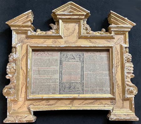 Cartagloria con cornice in legno intagliato, dorato e dipinto a finto marmo di