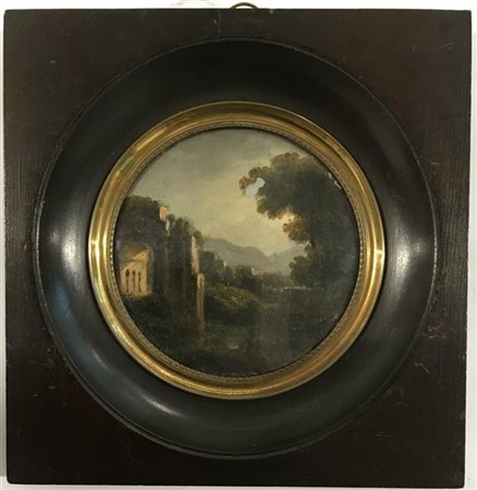 Ignoto "Paesaggio" olio su metallo circolare (d cm 10) In cornice (difetti)