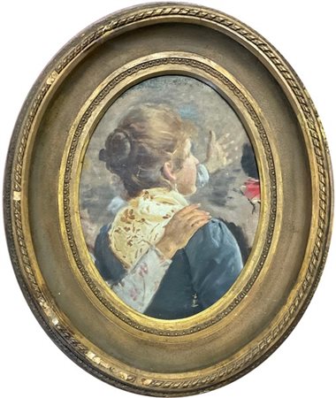 Ignoto di fine secolo XIX, "Donna di spalle" frammento ad olio su tela in corni