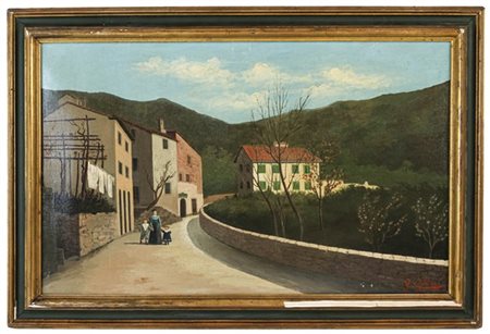 G.Chini, paesaggio collinare con strada e figure, olio su tela.
Firmato e datat