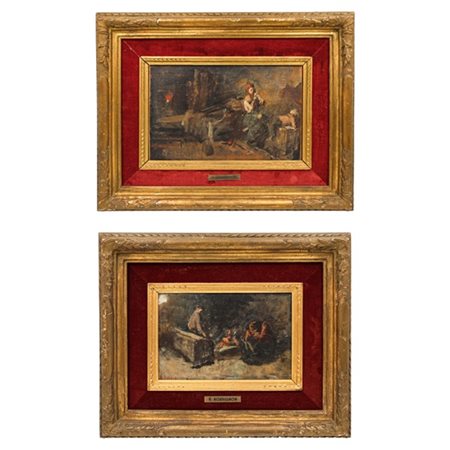 Noè Raimondo Bordignon Coppia di bozzetti ad olio per "Scene di interno" su dive