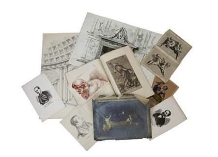 Lotto contenente numerose incisioni, disegni architettonici e riproduzioni di e