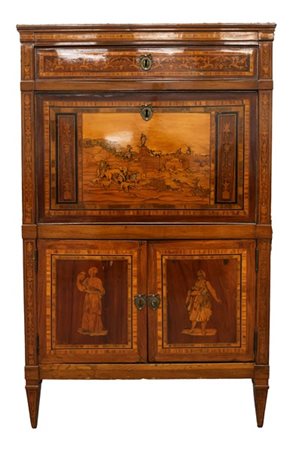 Secretaire lastronato in mogano filettato e intarsiato in legni vari. Cassetto