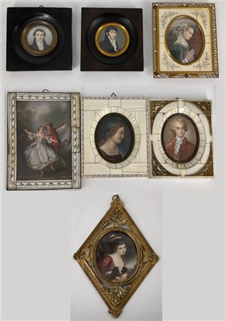 Arte del secolo XIX-XX. Gruppo di sette diverse miniature su avorio con soggett
