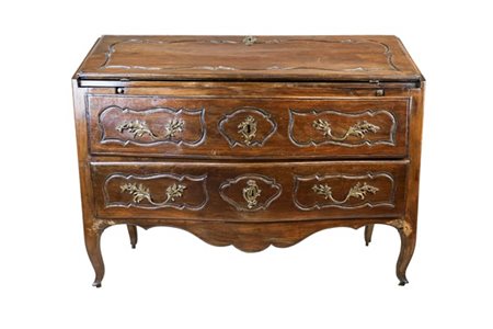 Ribalta in noce con fronte mosso a due cassetti e calatoia celante quattro tire