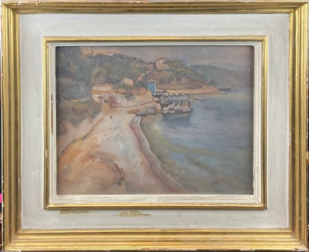 Francesco Arata "Veduta costiera" 
olio su compensato (cm 34x42)
firmato in bass