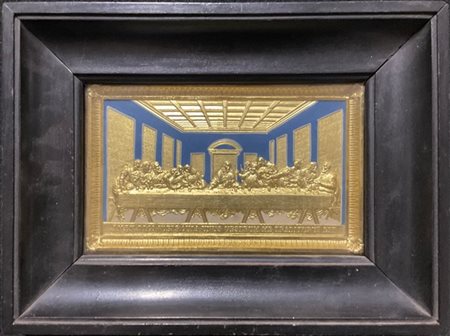 Ignoto secolo XIX. "Utima cena" altorilievo in metallo dorato con dettagli in s