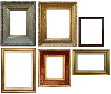 Lotto di sei diverse cornici in materiali vari di diverse misure e decoro (dife