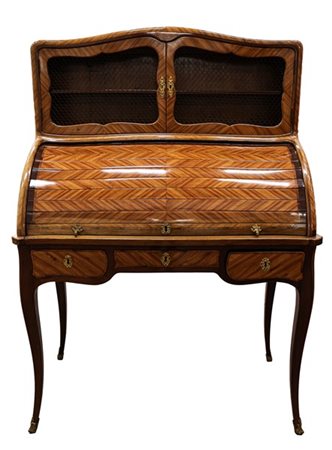 Scrittoio da centro con serrandina a rullo lastronato e filettato in legni vari