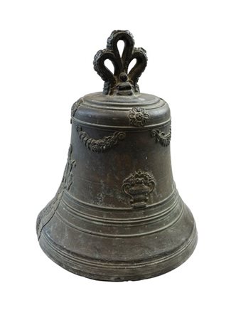 Campana in fusione di bronzo con fascia decorata in rilievo con Vergine e Santa
