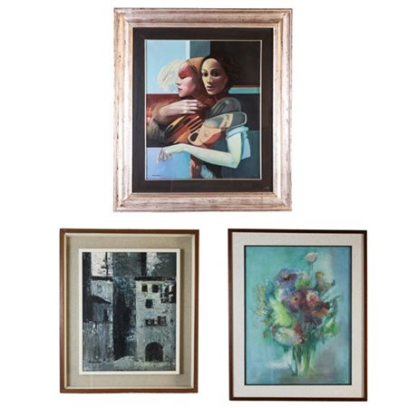 Lotto composto da due oli su tela e una tecnica mista su carta, di soggetto, au