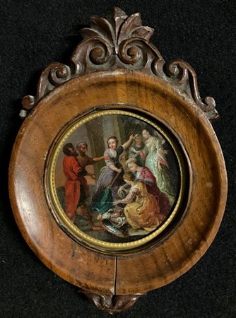 Maestro del secolo XVIII. "Scena storica" olio su cartone tondo (d cm 8) In cor