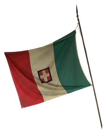 Bandiera del Regno d'Italia in tessuto completa di asta in legno (h tot cm 330