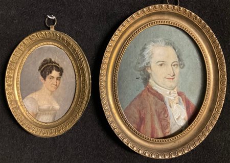 Lotto composto da una miniatura ovale su tela raffigurante dama ed un acquerell