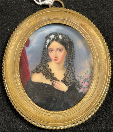 Scuola spagnola del secolo XIX. "Ritratto di dama in un paesaggio con fiori" (c