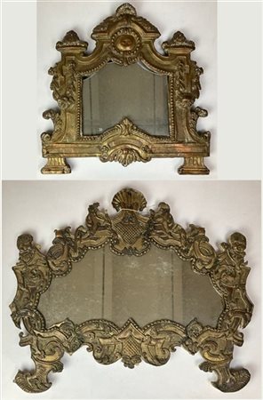 Due cartagloria in rame sbalzato decorato a volute ed elementi stilizzati. Fine