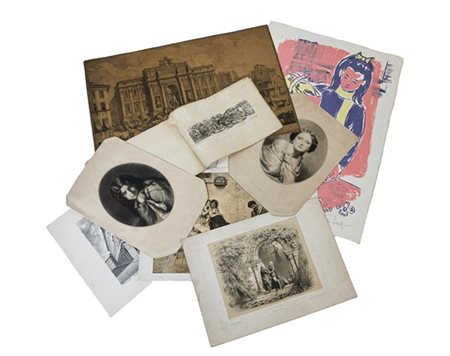 Cartella contenente numerose incisioni e riproduzioni di epoche, autori e misur