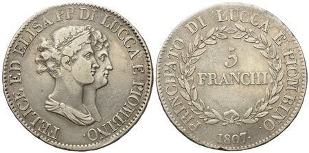 LUCCA. Principato di Lucca e Piombino. Elisa Bonaparte e Felice Baciocchi (1805-1814). 5 Franchi 1807. Ag (g 24,73; mm 37,3).