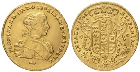 NAPOLI. Regno di Napoli. Ferdinando IV di Borbone (1759 - 1799 I periodo). 6 Ducati 1766. Au (8,81 g; 26,3 mm)