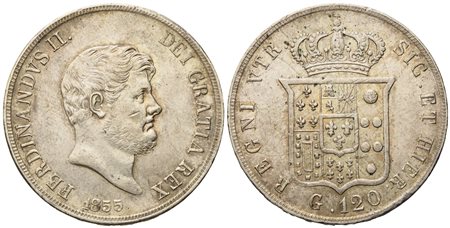 NAPOLI. Regno delle Due Sicilie. Ferdinando II di Borbone (1830-1859). Piastra da 120 Grana 1855. Ag (27,58 g; 36,8 mm)