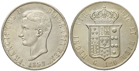 NAPOLI. Regno delle Due Sicilie. Francesco II di Borbone (1859-1860). Piastra da 120 grana 1859. Ag (27,55 g; 36,9 mm)