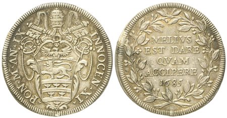 STATO PONTIFICIO. Roma. Innocenzo XI (1676 - 1689). Testone 1685. Ag (g 8,94; mm 31,7).