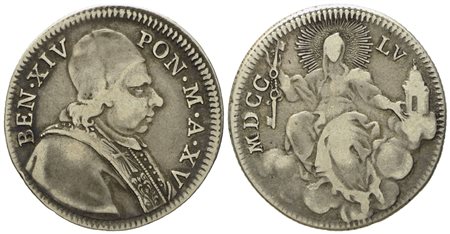 STATO PONTIFICIO. Roma. Benedetto XIV (1740 - 1758). Doppio giulio 1755, anno XV. Ag (g 5,12; mm 26).