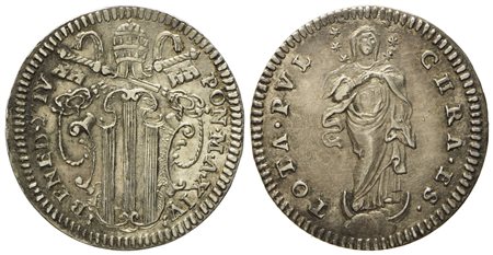 STATO PONTIFICIO. Roma. Benedetto XIV (1740 - 1758). Grosso anno XIV. Ag (g 1,35; mm 20).