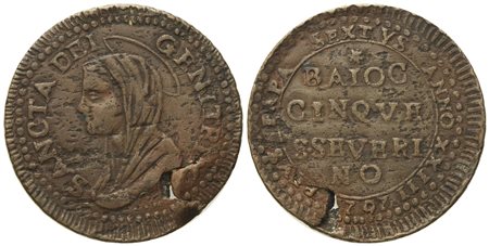 STATO PONTIFICIO. San Severino. Pio VI (1775 - 1799). 5 baiocchi 1797.  Cu (14,96 g; 31,75 mm).