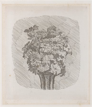 Giorgio Morandi (Bologna, 1890 - 1964) Zinnie in un vaso a strisce, 1929...