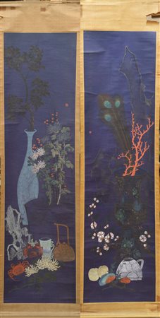  
Coppia di scrolls XX secolo
tempera e acquerello su seta applicata su carta 202 x 52 cm