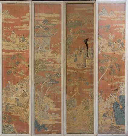  
Quattro pannelli ricamati Kesi Cina, Dinastia Qing, XIX secolo
 210 x 44 cm