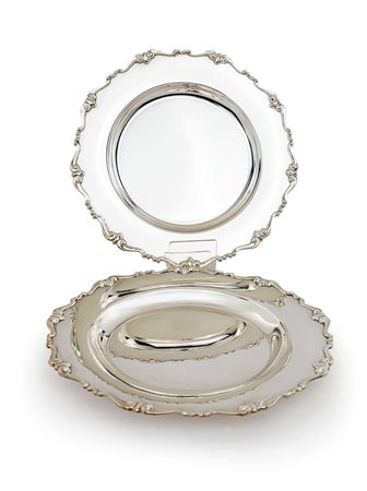 Undici piatti da dolce in argento 800/000, Frugoni orlo sagomato sottolineato...