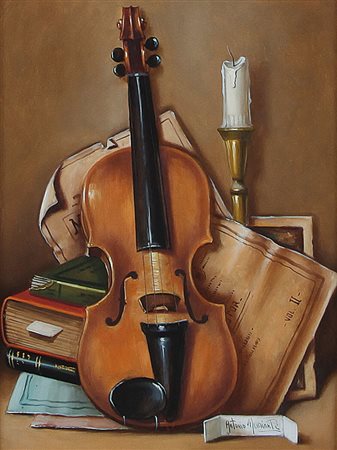 NUNZIANTE ANTONIO Napoli 1956Il violino, 1983olio su masonite cm. 40x30,...