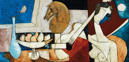 LANDI BRUNO Roma 23/03/1941Donna con chitarra, frutta e cavallo, 1995olio su...