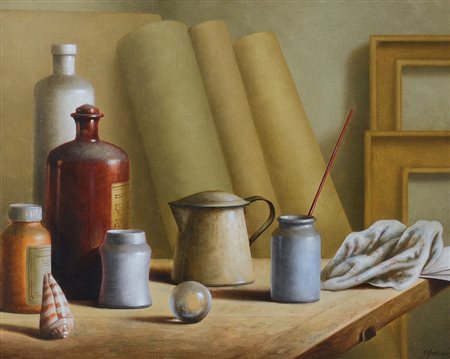 NUNZIANTE ANTONIO Napoli 1956Nello studio, 1993olio su tela cm. 40x50, firma...