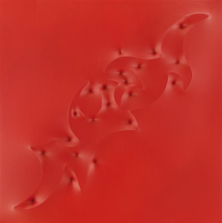 AMADIO GIUSEPPE Todi 19/05/1944Denatela estroflessa rossa cm. 80x80, firma e...