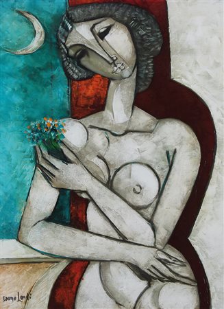 LANDI BRUNO Roma 23/03/1941Donna con fiori, 1997olio su tela cm. 70x50, firma...