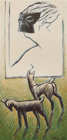 ANONIMO XX SECOLO Senza titolo, 1985olio su tela cm. 105x50, reca firma e...