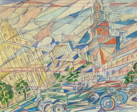 BONETTI UBERTO 1909 - 1993Milano aerovista, (anni '30)tecnica mista su carta...