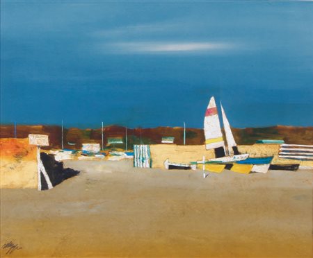 MAGAZZINI SALVATORE Pistoia 28/02/1955Marinaolio su tavola cm. 40x50, firma...