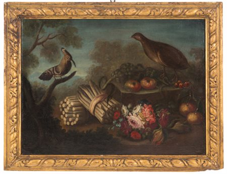 Painting "STILL LIFE WITH FLOWERS, ASPARAGUS AND BIRDS"